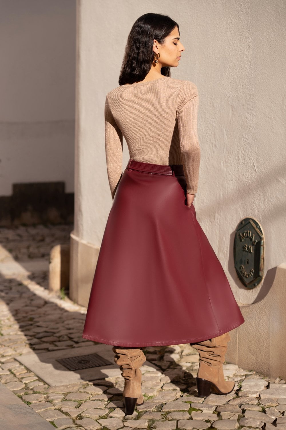 Yumi Burgundy Faux Leather A Line Midi Skirt With Button Up Details