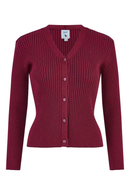 Yumi Burgundy Metallic Rib Knitted Cardigan