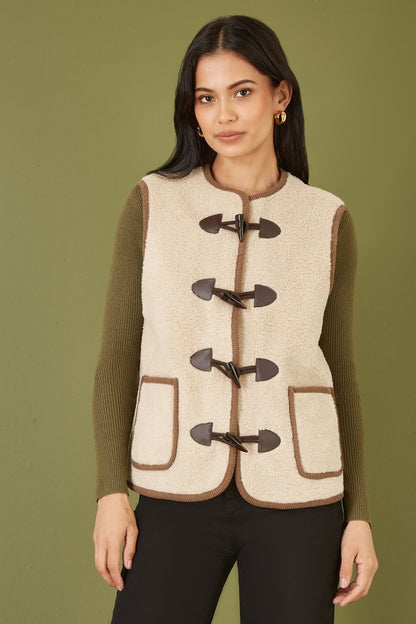 Yumi Cream Borg Gilet With Faux Leather Button Details