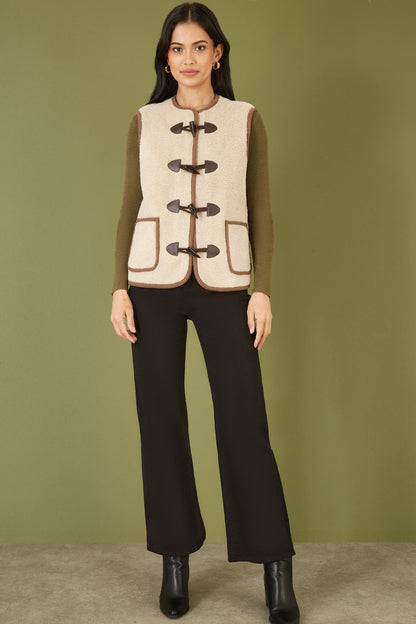 Yumi Cream Borg Gilet With Faux Leather Button Details
