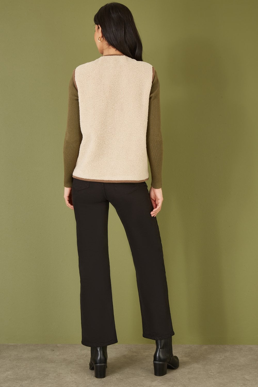 Yumi Cream Borg Gilet With Faux Leather Button Details