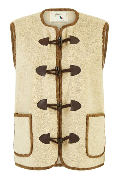 Yumi Cream Borg Gilet With Faux Leather Button Details