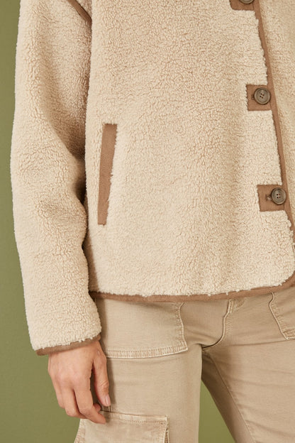 Yumi Cream Borg High Neck Jacket With Faux Leather Trims