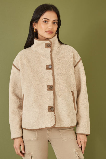 Yumi Cream Borg High Neck Jacket With Faux Leather Trims