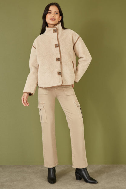 Yumi Cream Borg High Neck Jacket With Faux Leather Trims