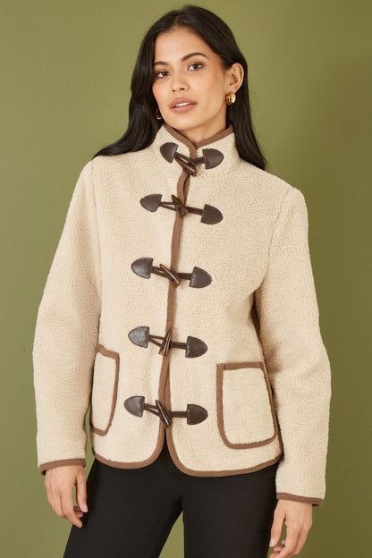 Yumi Cream Borg Jacket With Faux Leather Button Details