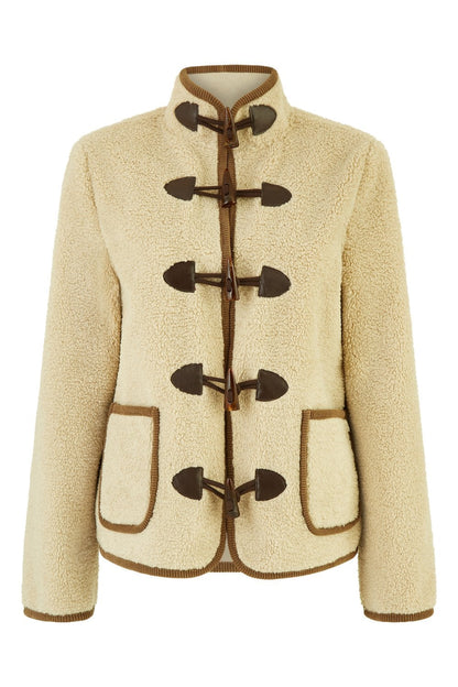 Yumi Cream Borg Jacket With Faux Leather Button Details