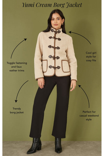 Yumi Cream Borg Jacket With Faux Leather Button Details