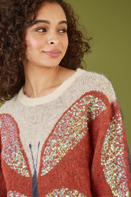 Yumi Cream Butterfly Sequin Knitted Jumper