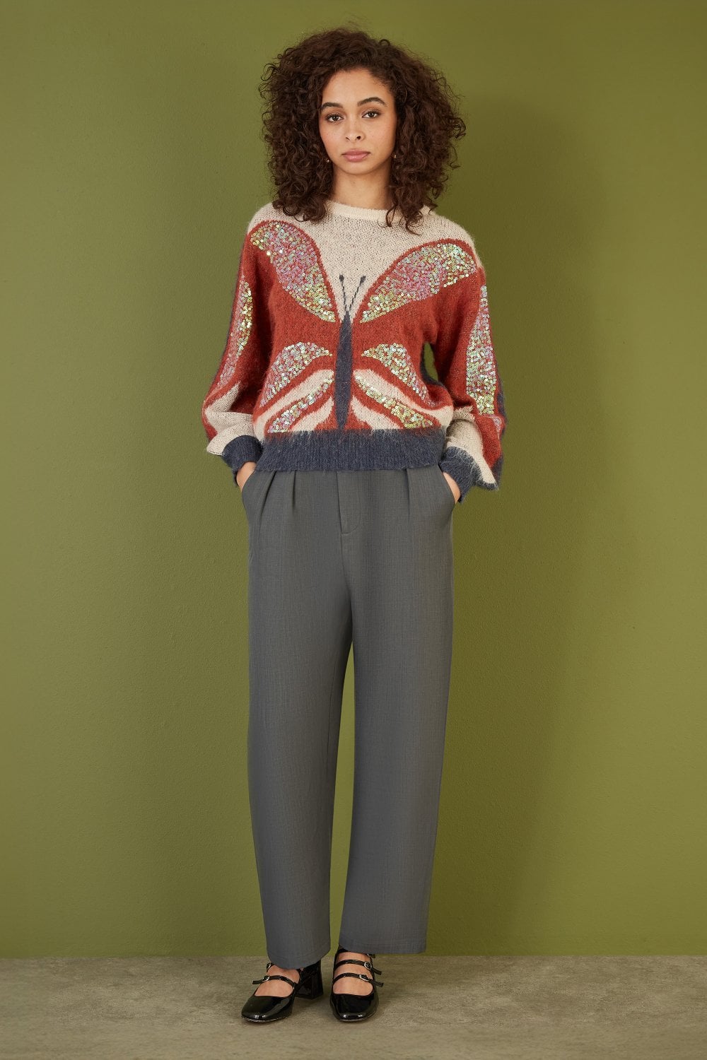 Yumi Cream Butterfly Sequin Knitted Jumper