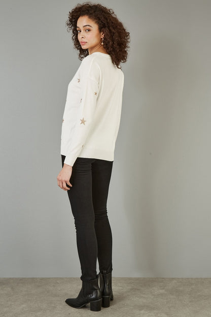 Yumi Cream Gold Foil Star Print Relaxed Fit Jumper