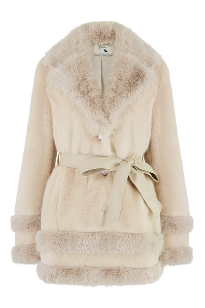 Yumi Cream Luxe Faux Fur Swing Coat With Tie Belt