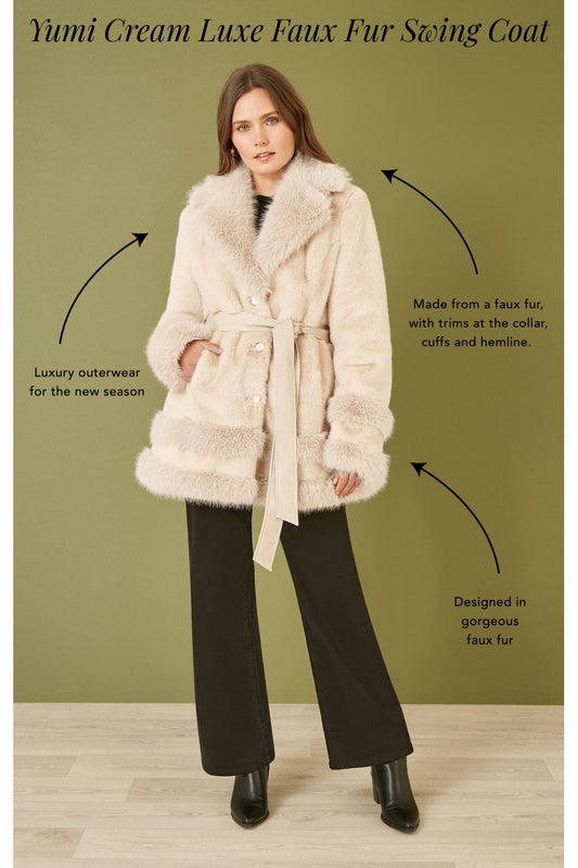 Yumi Cream Luxe Faux Fur Swing Coat With Tie Belt