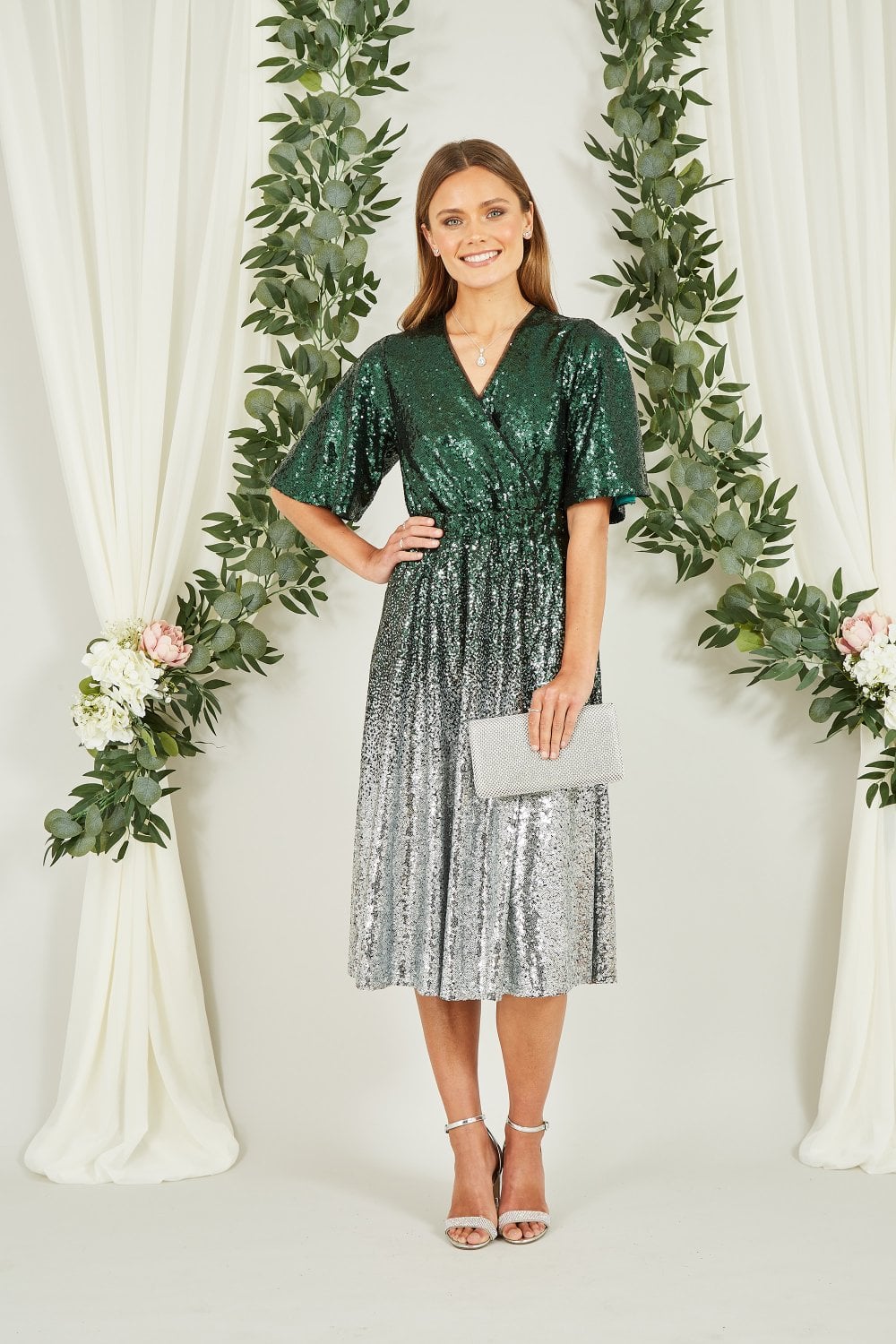 Yumi Green and Silver Ombre Sequin Midi Wrap Dress