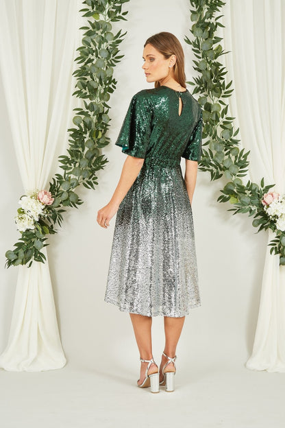 Yumi Green and Silver Ombre Sequin Midi Wrap Dress