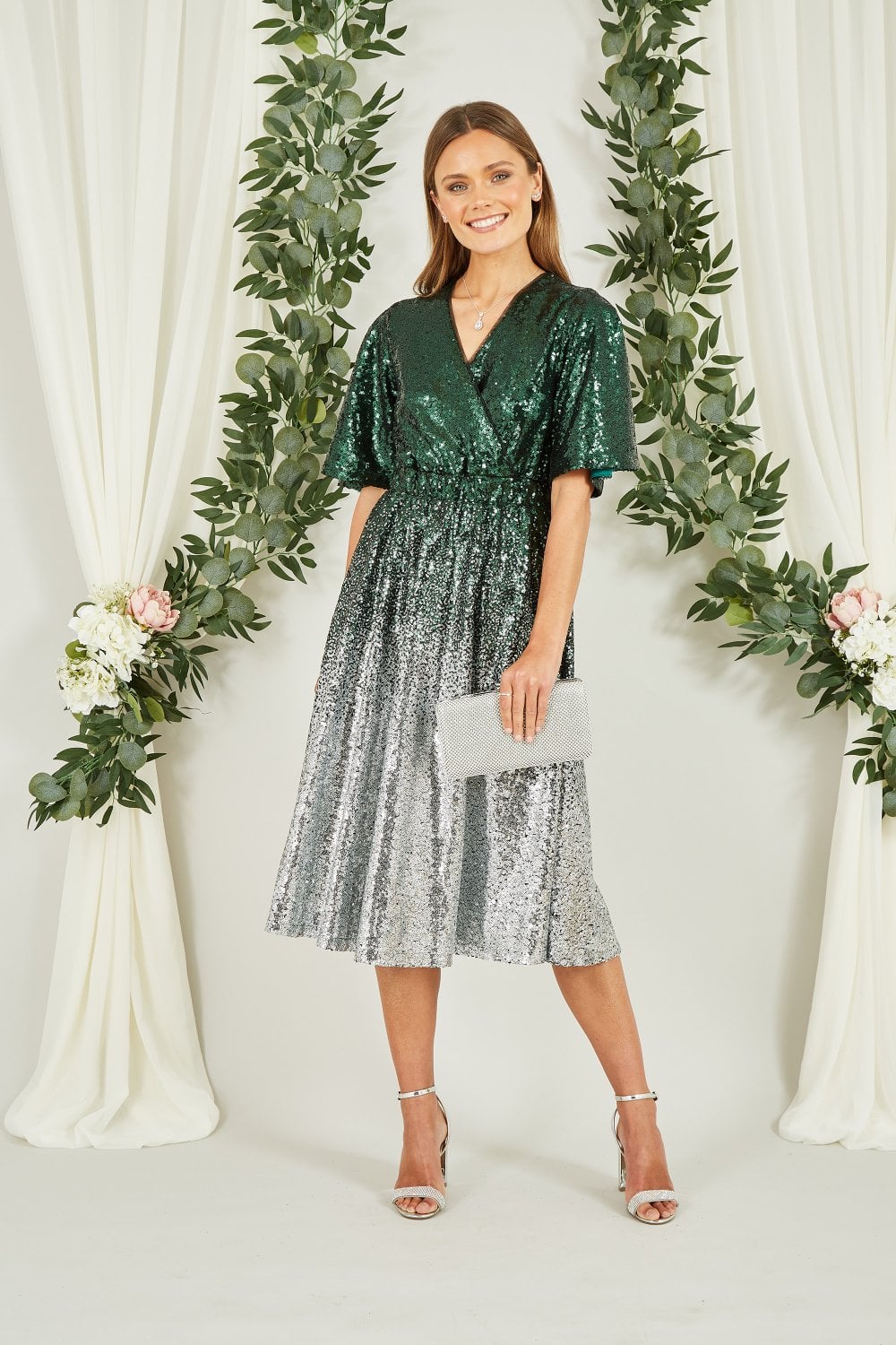Yumi Green and Silver Ombre Sequin Midi Wrap Dress