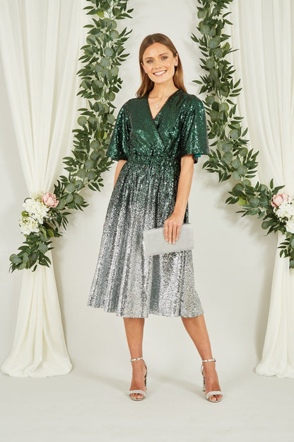 Yumi Green and Silver Ombre Sequin Midi Wrap Dress