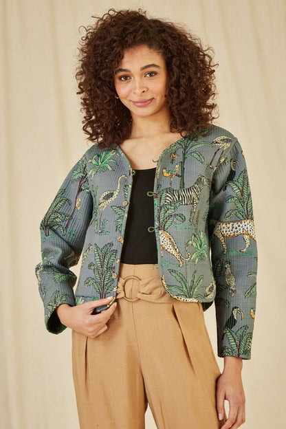 Yumi Green Animal Print Reversible Cotton Cropped Quilted Jacket