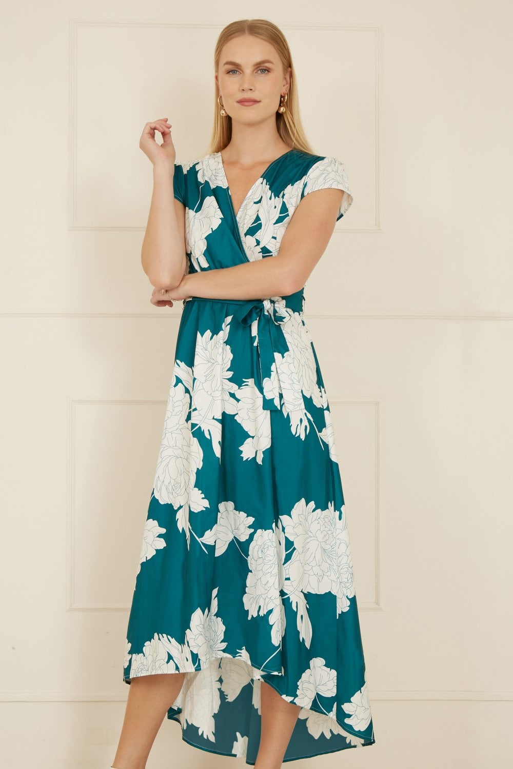 Yumi Green Blossom Print Wrap Midi With Dipped Hem