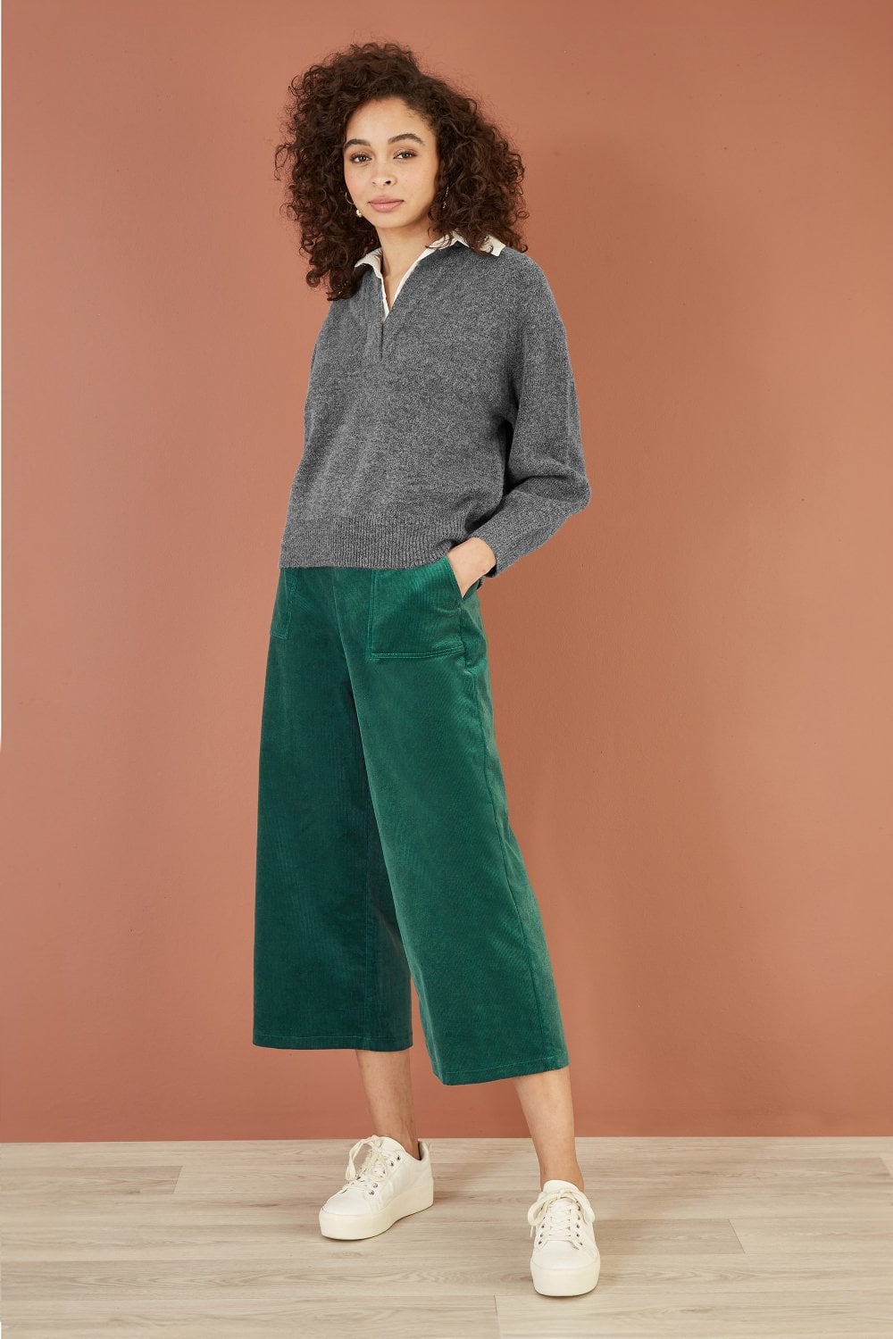 Yumi Green Cord Cropped Wide Leg Trousers With Pockets