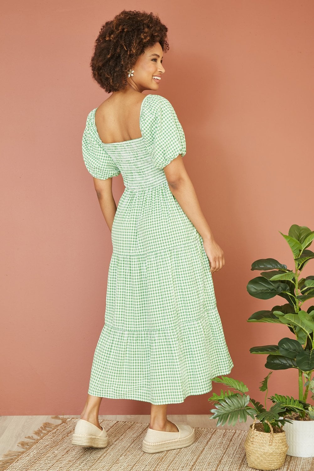 Yumi Green Cotton Gingham Smock Puff Sleeve Midi Dress