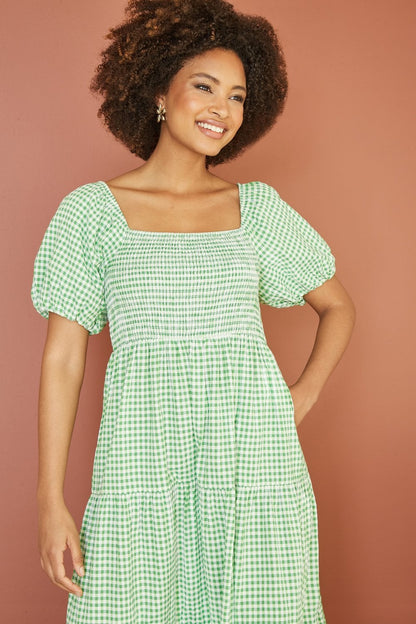 Yumi Green Cotton Gingham Smock Puff Sleeve Midi Dress