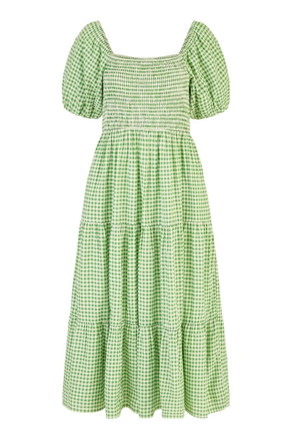 Yumi Green Cotton Gingham Smock Puff Sleeve Midi Dress
