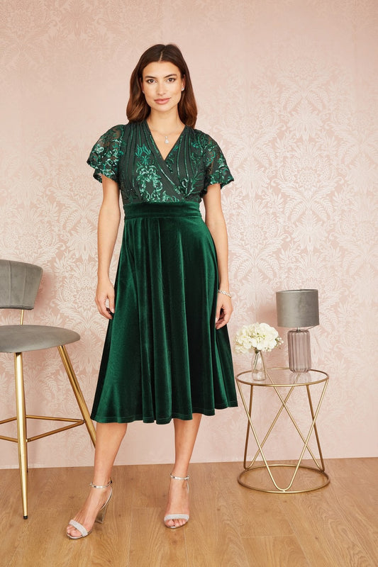 Yumi Green Embellished Velvet Wrap Skater Midi Dress