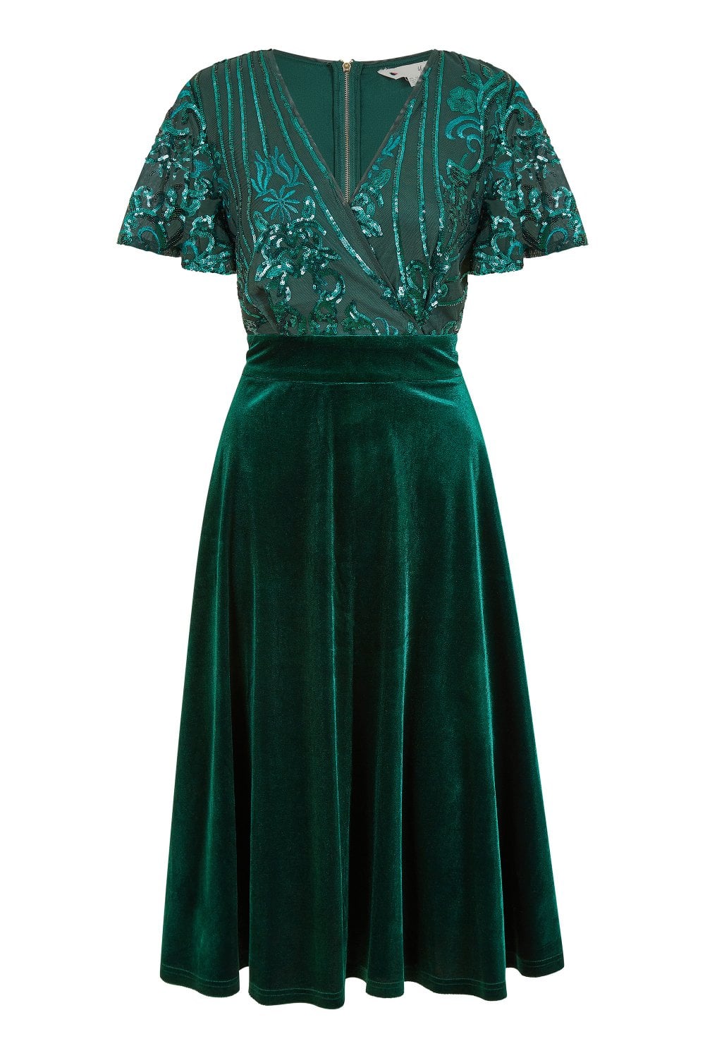 Yumi Green Embellished Velvet Wrap Skater Midi Dress