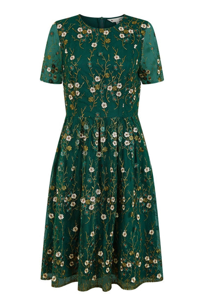 Yumi Green Embroidered Floral Skater Dress