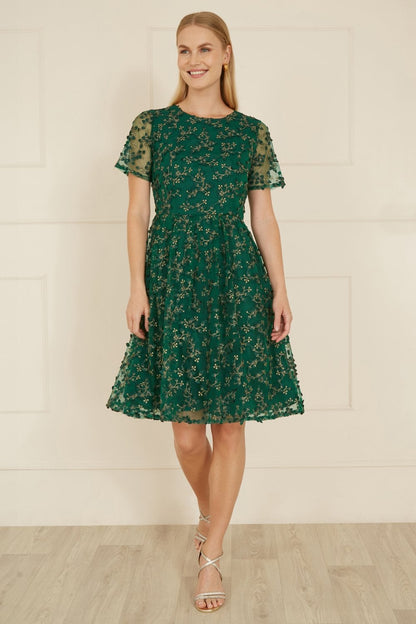 Yumi Green Embroidered Floral Skater Dress