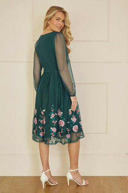 Yumi Green Embroidered Long Mesh Sleeve Prom Skater Dress