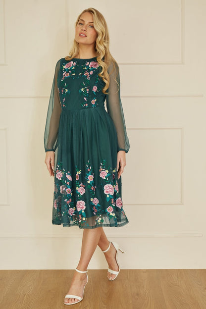 Yumi Green Embroidered Long Mesh Sleeve Prom Skater Dress