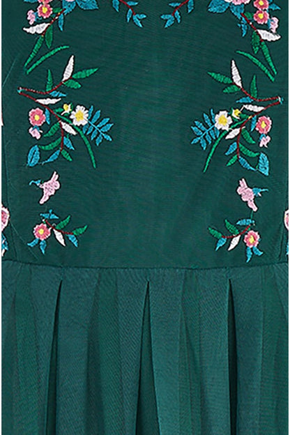 Yumi Green Embroidered Long Mesh Sleeve Prom Skater Dress