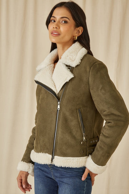 Yumi Green Faux Suede And Shearling Biker Jacket