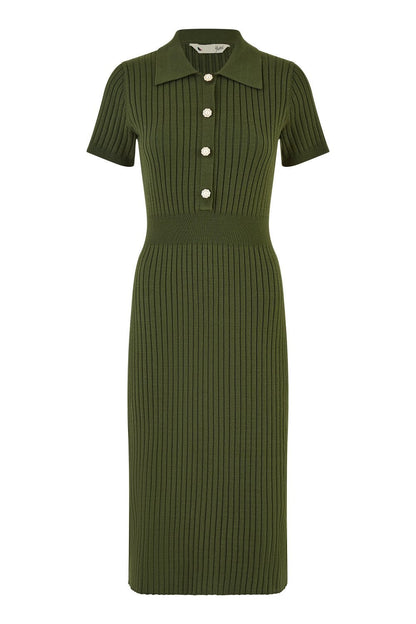 Yumi Green Fitted Rib Knitted Midi Dress With Daisy Buttons