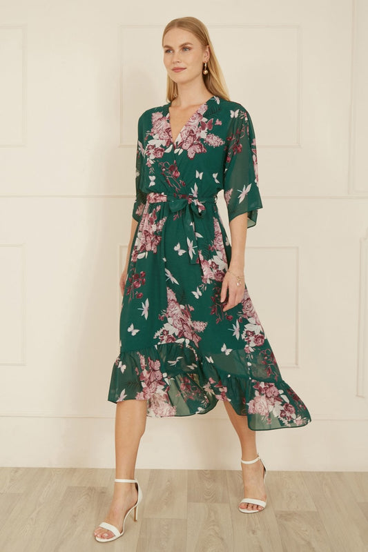 Yumi Green Floral Kimono Dipped Hem Dress