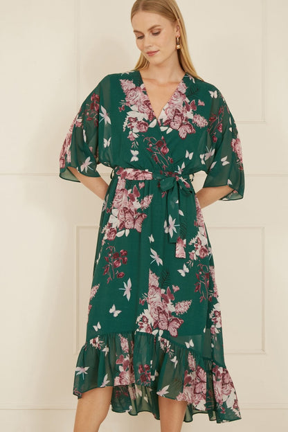 Yumi Green Floral Kimono Dipped Hem Dress