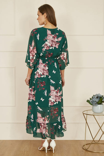 Yumi Green Floral Kimono Dipped Hem Dress