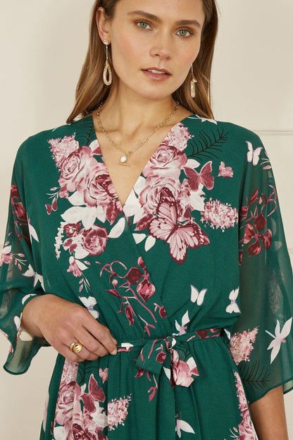Yumi Green Floral Kimono Dipped Hem Dress