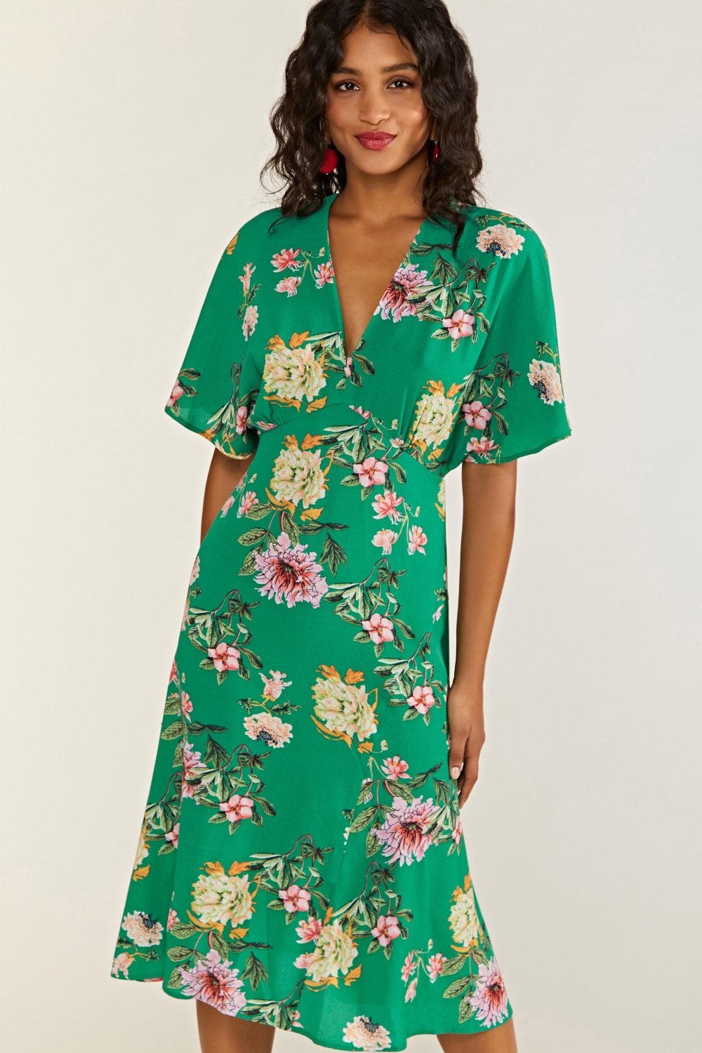 Yumi Green Floral Kimono Midi Dress
