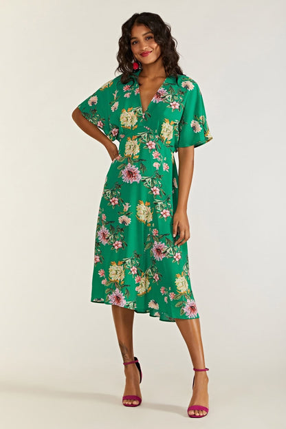 Yumi Green Floral Kimono Midi Dress