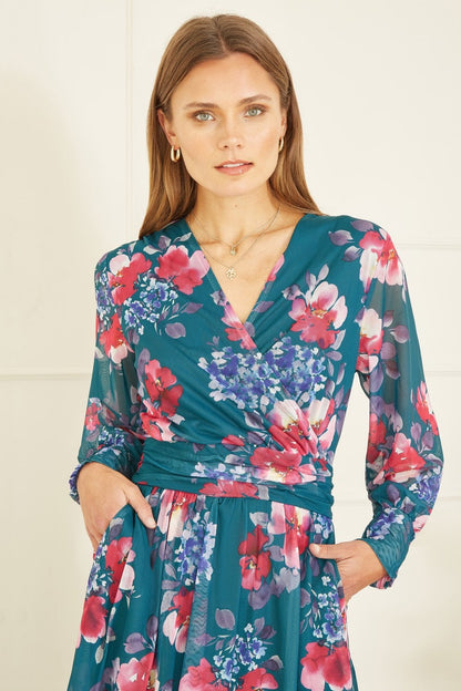 Yumi Green Floral Print Stretch Mesh Dress With Pockets