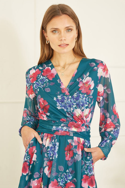 Yumi Green Floral Print Stretch Mesh Dress With Pockets