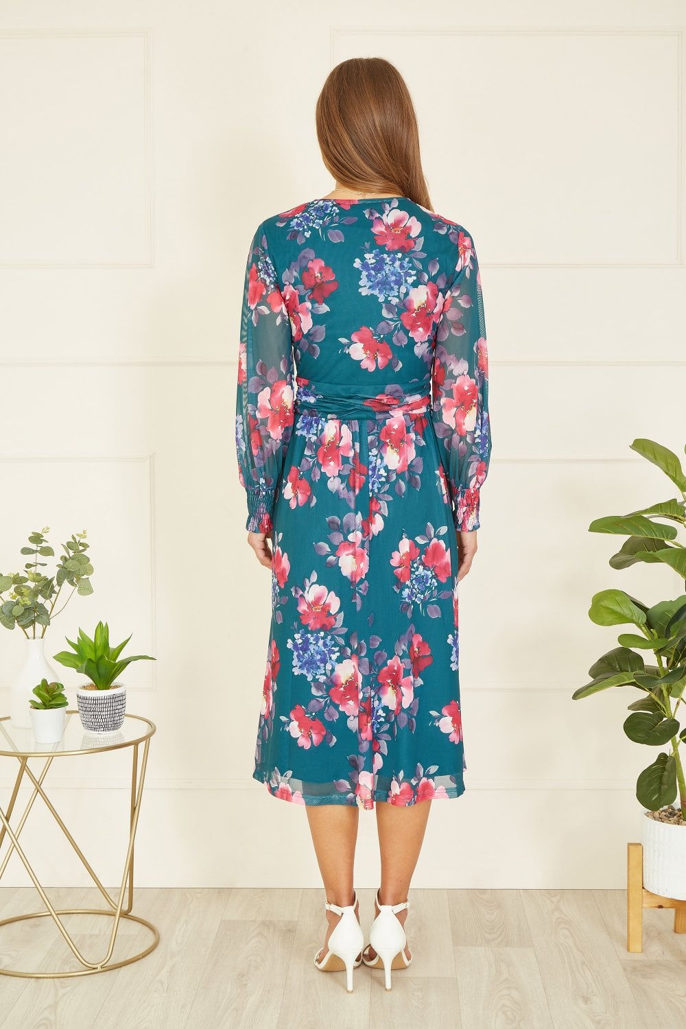 Yumi Green Floral Print Stretch Mesh Dress With Pockets