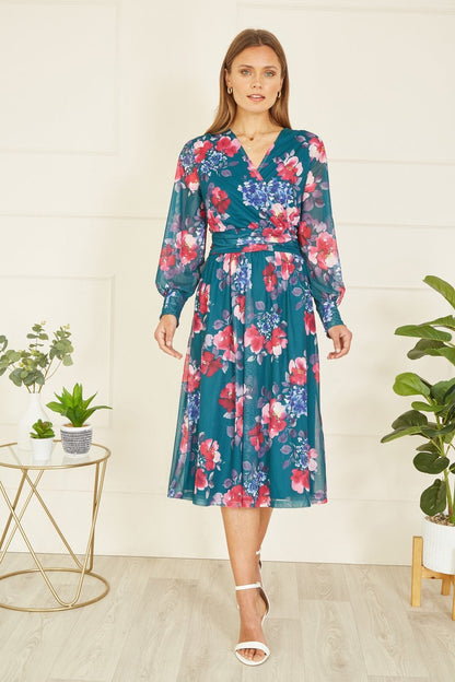 Yumi Green Floral Print Stretch Mesh Dress With Pockets