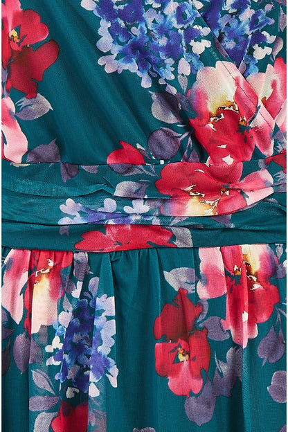 Yumi Green Floral Print Stretch Mesh Dress With Pockets