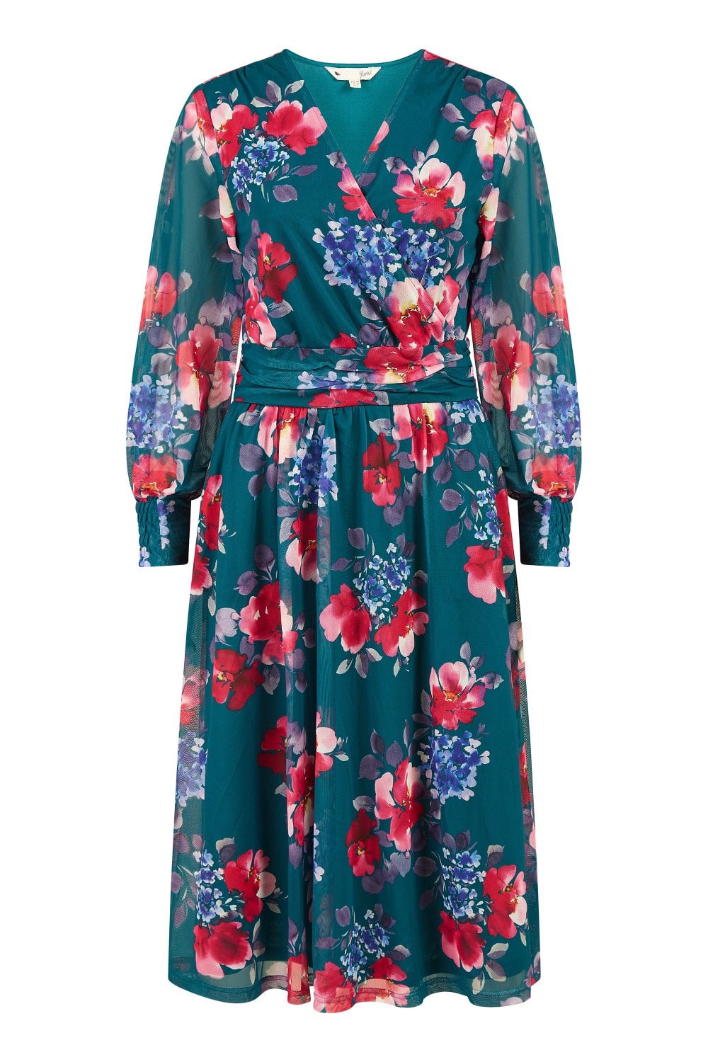 Yumi Green Floral Print Stretch Mesh Dress With Pockets