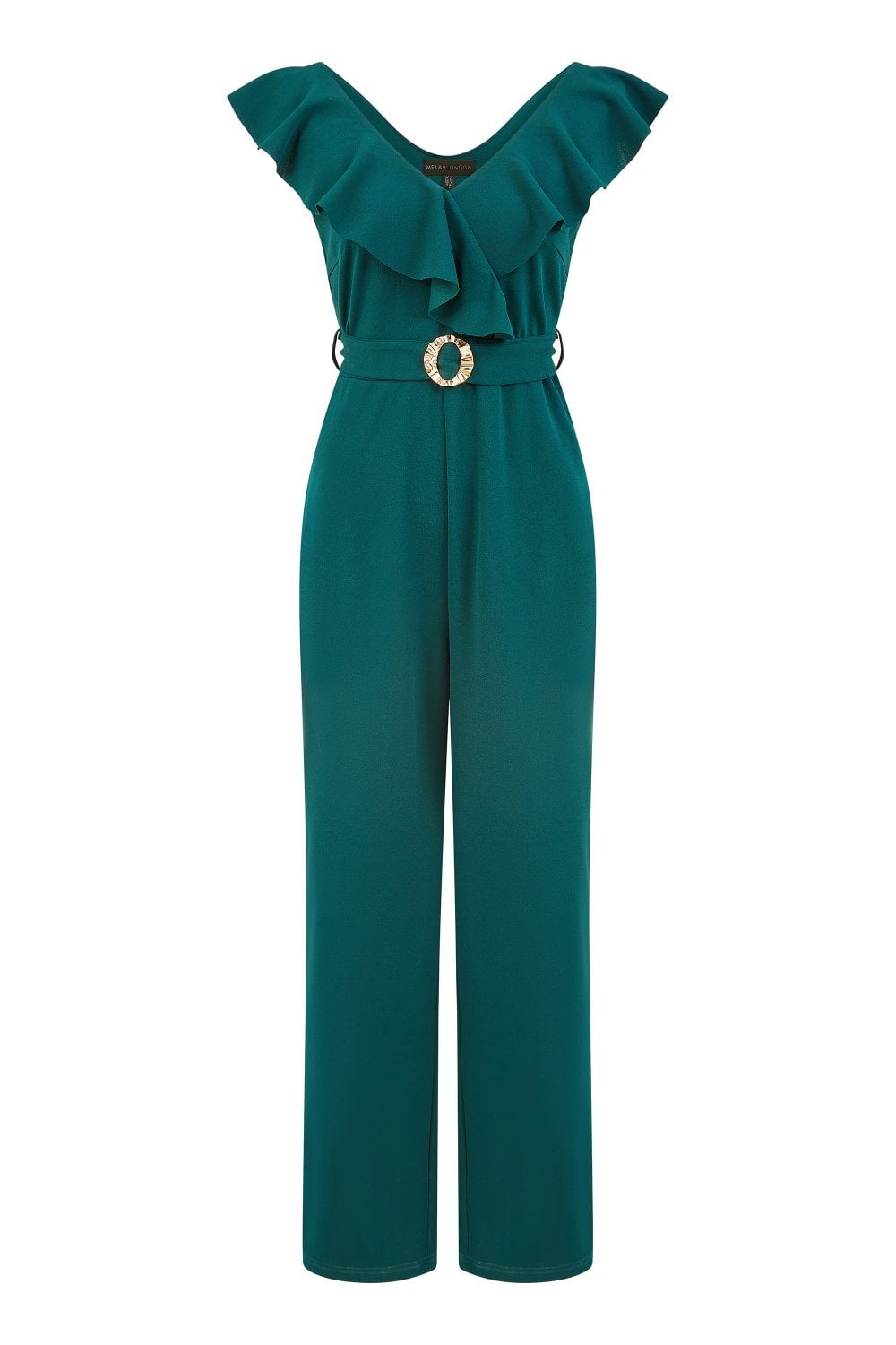Yumi Green Jumpsuit With Gold Buckle and Frill Detail