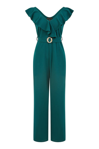 Yumi Green Jumpsuit With Gold Buckle and Frill Detail